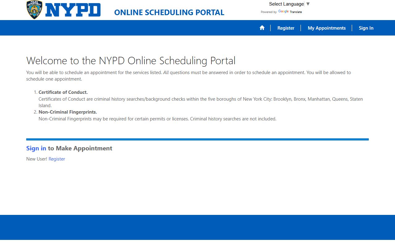 NYPD Certificate of Conduct portal for New York City criminal history records