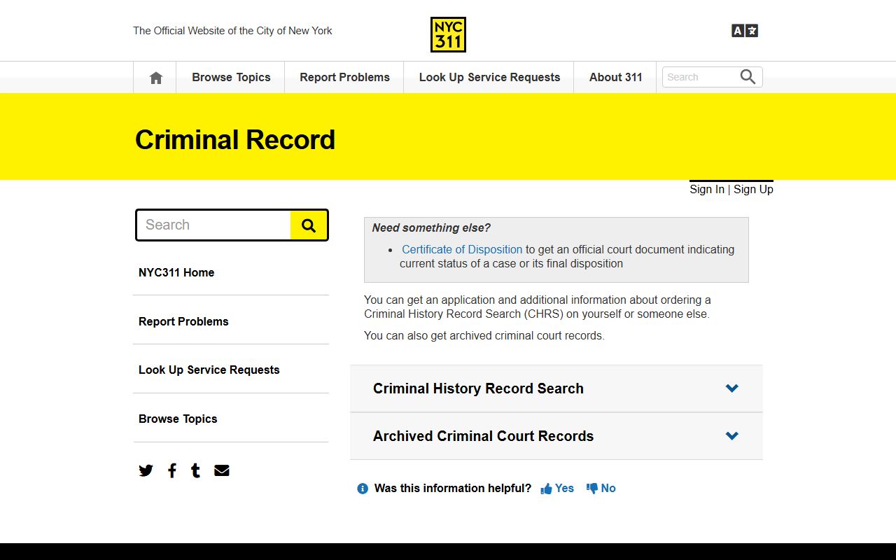 NYC311 criminal history records information page
