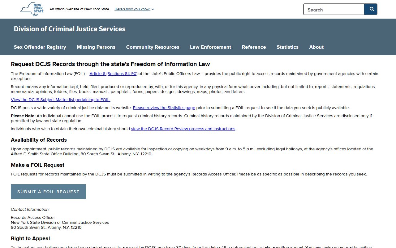 New York DCJS FOIL requests for criminal history records