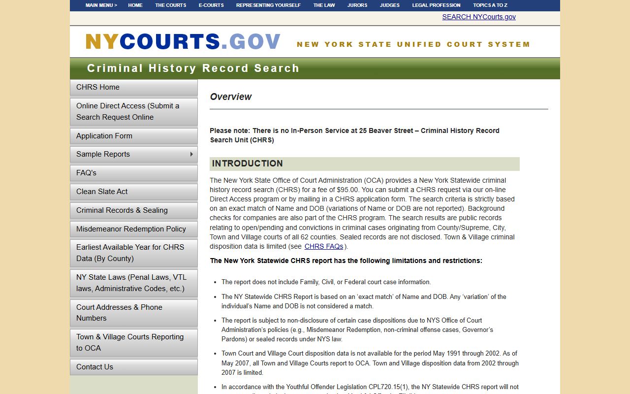 New York OCA criminal history record search system