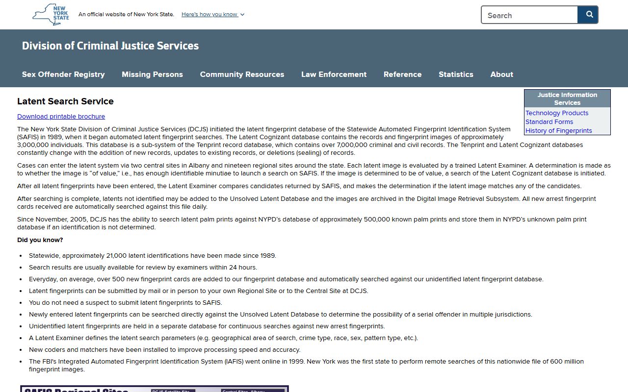 New York SAFIS fingerprint identification system for criminal history